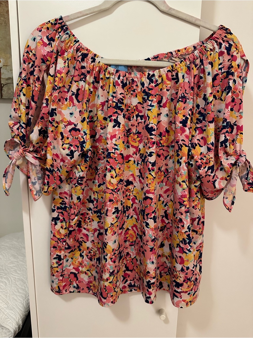 CeCe Pink Multi Floral Off-the-Shoulder Tie-Sleeve Top